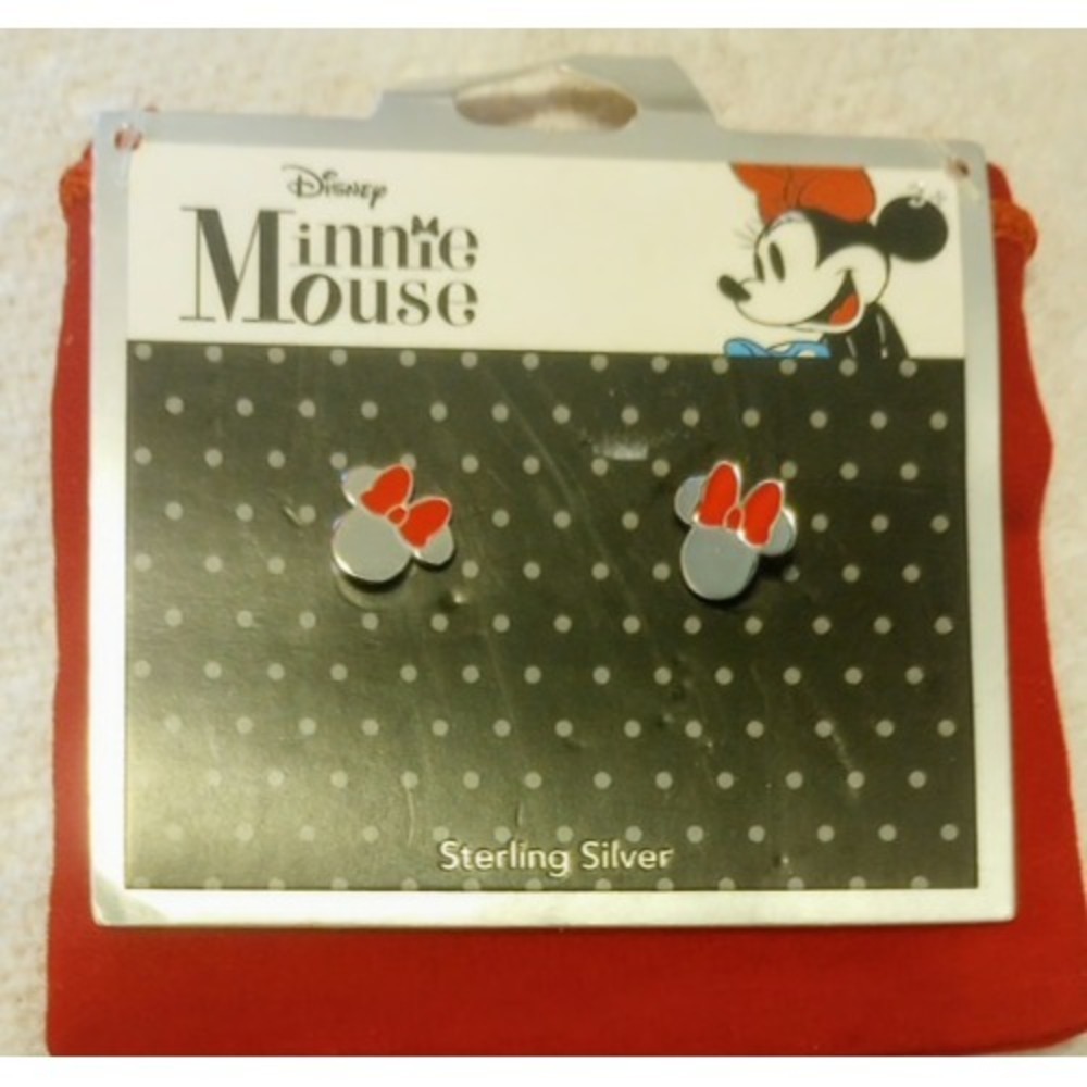 Disney 925 Sterling Silver‎ Minnie Mouse earrings studs with red bow accents.